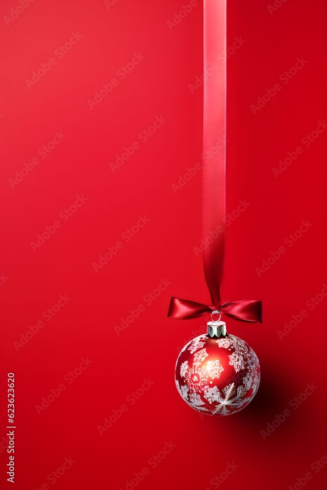 Christmas banner with gift boxes, ribbon, oak tree branches, and red ornaments on red background Christmas banner with gift boxes, ribbon, oak tree branches, and red ornaments on red background