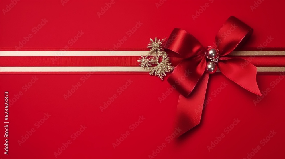 Christmas banner with gift boxes, ribbon, oak tree branches, and red ornaments on red background Christmas banner with gift boxes, ribbon, oak tree branches, and red ornaments on red background