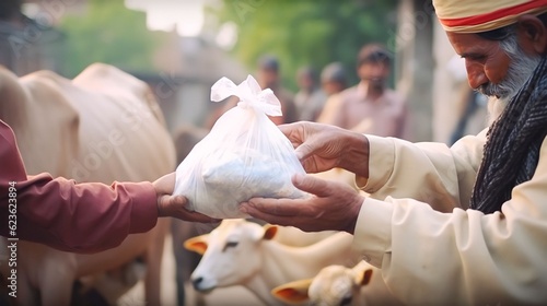 Muslim person giving alms or a plastic bag containing sacrificial meat to the poor to celebrate eid al adha