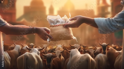 Muslim person giving alms or a plastic bag containing sacrificial meat to the poor to celebrate eid al adha