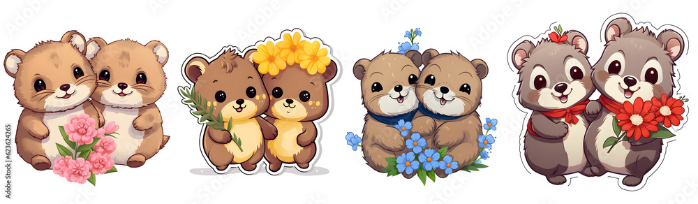Cute Baby Quokkas Surrounded By Pink, Yellow, Blue, Red Flower Petals On Friendship Day Cartoon Stickers. Generative AI Cute Baby Quokkas Surrounded By Pink, Yellow, Blue, Red Flower Petals On Friendship Day Cartoon Stickers. Generative AI
