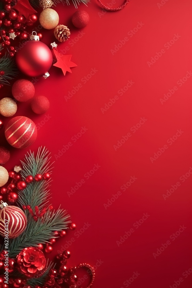 Christmas banner with gift boxes, ribbon, oak tree branches, and red ornaments on red background