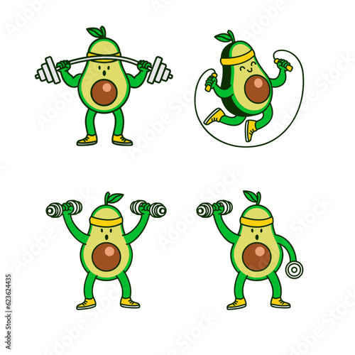 Avocado workout cute character illustration template set collection