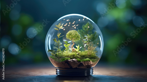 Environmental protection, renewable, sustainable energy sources. Plant growing in the bulb with there are environmental icons all around.Energy-saving and environmental concepts on Earth Day