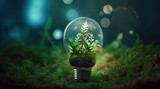 Environmental protection, renewable, sustainable energy sources. Plant growing in the bulb with there are environmental icons all around.Energy-saving and environmental concepts on Earth Day