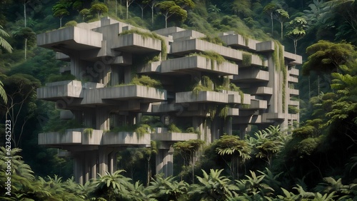 Landscape of an abandoned brutalist mega-structure deep in the rainforest - Generative AI Illustration 