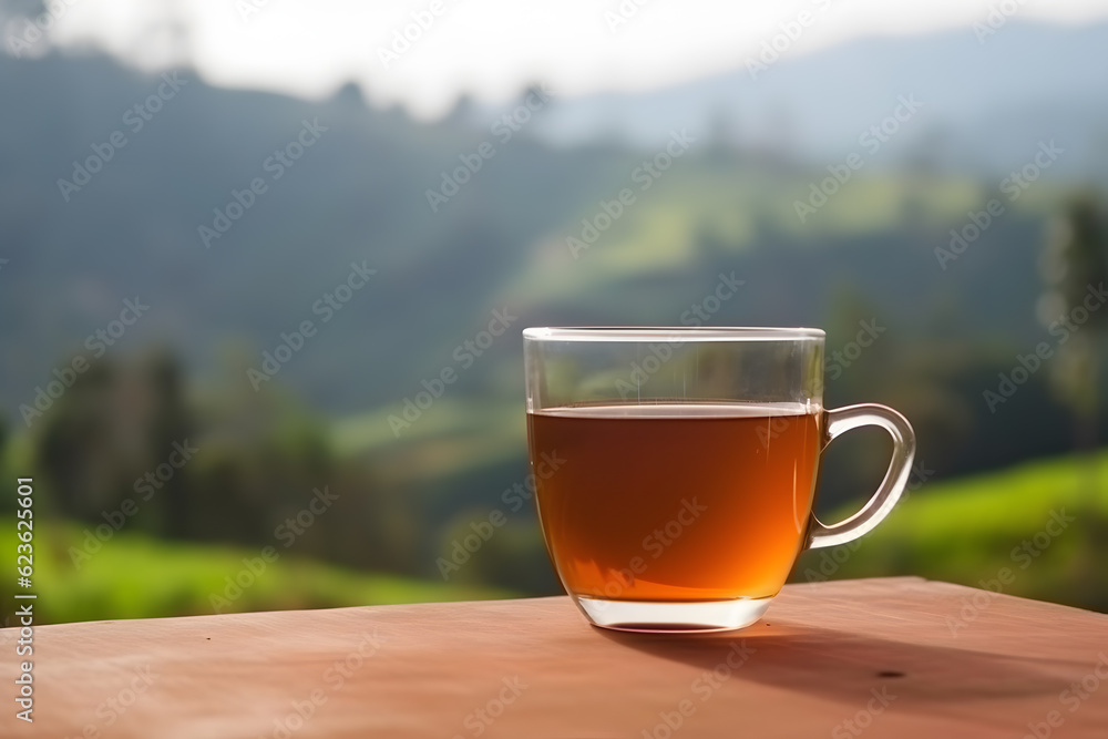Cup of tea placed on outdoor table in front of tea field Cup of tea placed on outdoor table in front of tea field
