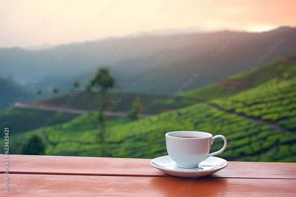Cup of tea placed on outdoor table in front of tea field Cup of tea placed on outdoor table in front of tea field