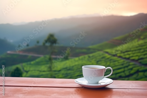Cup of tea placed on outdoor table in front of tea field