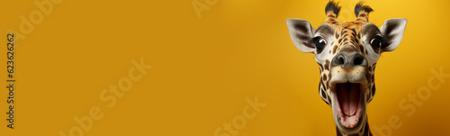 Horizontal Banner for Website of surprised amazed giraffe pet with a curious face with open mouth at on yellow background. Website banner concept. Advertising postcards, notebooks. Generative AI