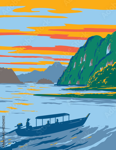 WPA poster art of Khao Sok National Park with Cheow Lan Lake contained by the Ratchaprapha Dam in Surat Thani Province in Thailand done in works project administration or Art Deco style.

