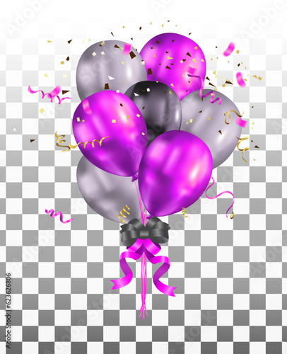 Glossy Happy Birthday Concept with Balloons isolated on transparent background. Vector Illustration, purple,white, black,