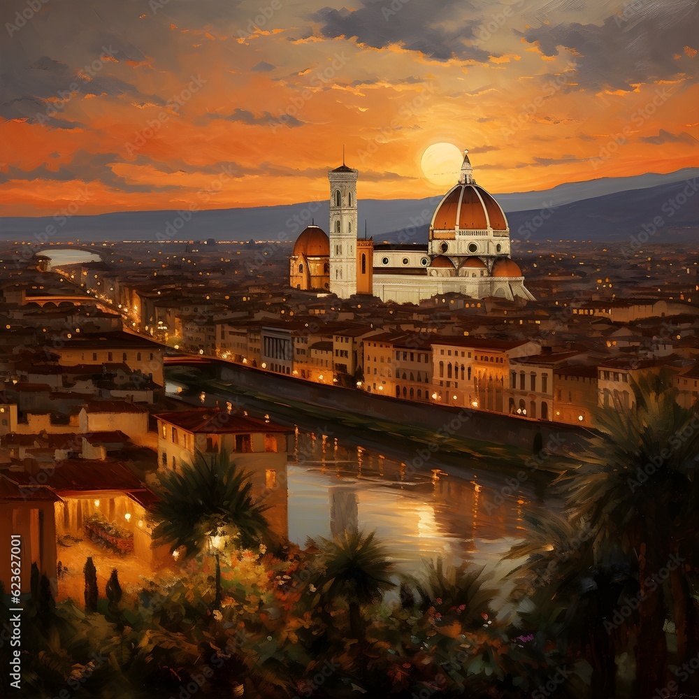 Fototapeta premium The Duomo a stunning example of Gothic architecture featuring a distinctive dome designed by Filippo Brunelleschi. It is located in the heart of Florence