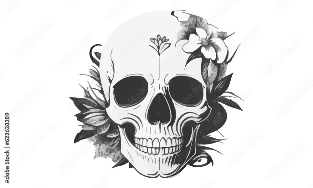 Fototapeta premium Black and White Skull with Flowers SVG