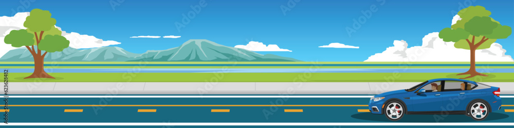 Cartoon transport travel for banner. Sport car with driving for travel. Asphalt road with meadows and parallel paths and rivers. Mountain and blue sky with white clouds. Copy Space Flat Vector. Cartoon transport travel for banner. Sport car with driving for travel. Asphalt road with meadows and parallel paths and rivers. Mountain and blue sky with white clouds. Copy Space Flat Vector.
