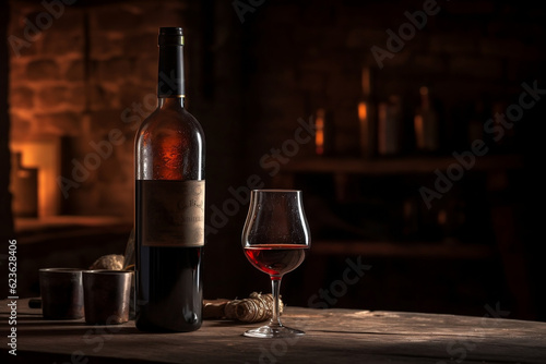 Glass of red wine and bottle with old wooden oak barrel on the background cellar bar. Traditional winemaking and tasting, winery degustation, wine lover, sommelier travel concept. Generative AI