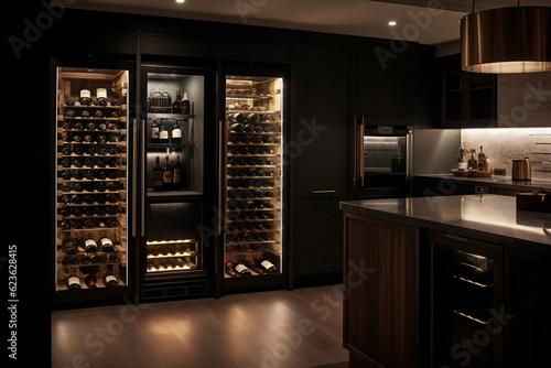 Wine fridge in kitchen, special refrigerator, temperature-controlled appliance meant to store wine bottles and chill wine at home. Cooling and preserving wine at home concept. Generative AI Technology