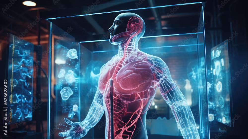 Neon-lit holographic human anatomy display showcasing the fusion of technology and anatomy education. Generative AI Neon-lit holographic human anatomy display showcasing the fusion of technology and anatomy education. Generative AI