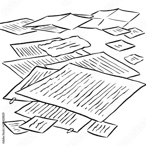 A pile of written paper illustration. Literature drafts sketch.  Vector drawing isolated on white. Academic theme. 