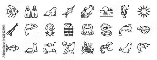 Photographie set of 24 outline web sea life icons such as anglerfish, flippers, walrus, sword