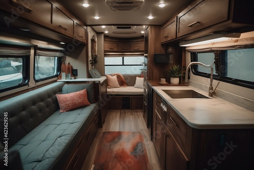 Stylish Interior of motor home camping car, furnishing decor of salon area, comfortable modern caravan house design. Relaxation areas for road travel. Travelling entertainment concept. Generative AI © Valeriia
