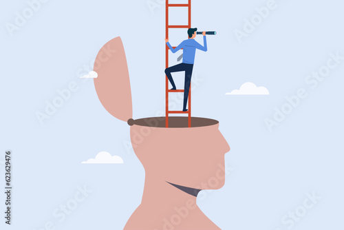 Growth mindset concept, motivation to be success, businessman climb up ladder and look up through telescope from head symbol, personal development to improve skills, mental and potential for success