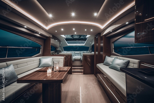 Interior of luxury motor yacht in details, furnishing decor of the salon area in a rich modern large sea boat design. Relaxation areas for water travel. Traveling entertainment concept. Generative AI