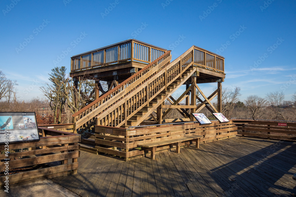 Observation deck at Fort Washington state park in winter Pennsylvania.