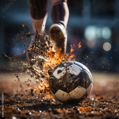 a closeup photo of the feet of a professional footballer kicking a football on the field,Ai generative