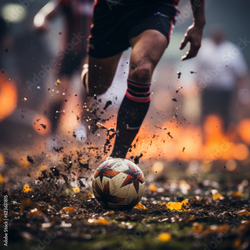 a closeup photo of the feet of a professional footballer kicking a football on the field,Ai generative