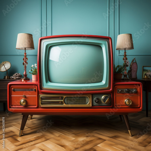 a large televison set against a plain light blue background.Ai generative