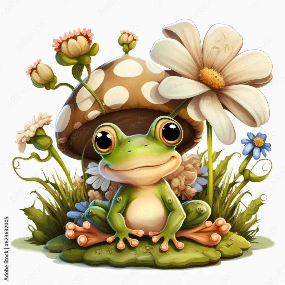 drawing of a cute frog with a mushroom for a children's book or postcard. Generative AI. drawing of a cute frog with a mushroom for a children's book or postcard. Generative AI.