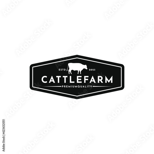 Vintage cattle farm logo design with hipster drawing style