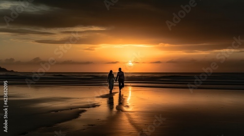 silhouettes of a happy couple holding hands on the seashore at sunset. Generative AI © Margo_Alexa