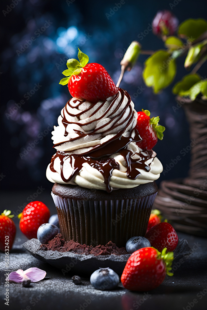 A celestial dark background sets the stage for an enchanting chocolate cupcake crowned with heavenly ice cream. Juicy strawberries and plums create a harmonious blend of flavors and colors. 