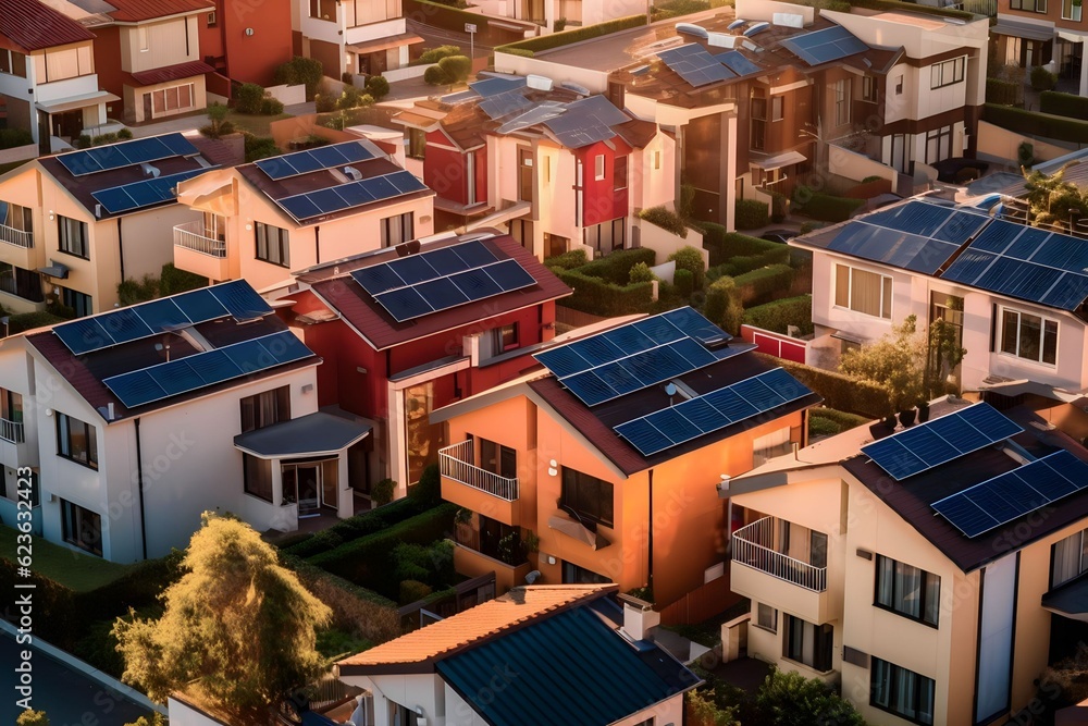 aerial view of solar panel roof in suburban environment