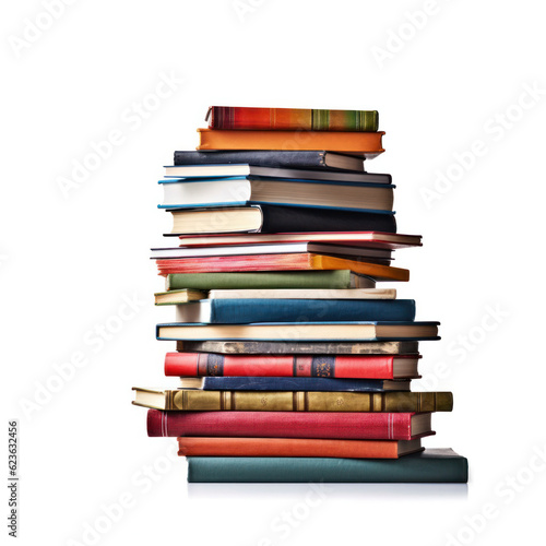 Many books with bright covers in one stack on a white background. Place for text. Design element, paper and leather texture. Colorful books closeup. education and learning concept.Generative AI © Margo_Alexa