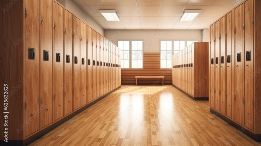 School corridor with lockers. Generative AI 