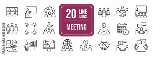Meeting simple minimal thin line icons. Related meeting, discussion, communication, teamwork. Editable stroke. Vector illustration.
