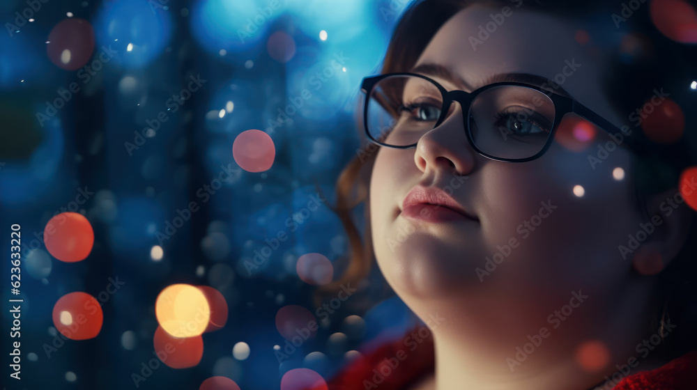 Beautiful fat young woman on golden bokeh background Beautiful fat young woman on golden bokeh background