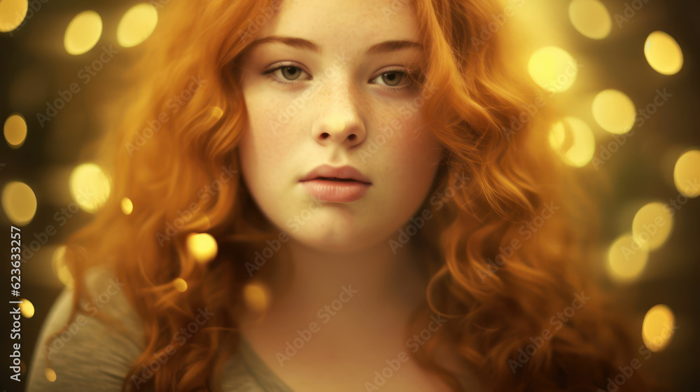 Beautiful fat young woman on golden bokeh background Beautiful fat young woman on golden bokeh background