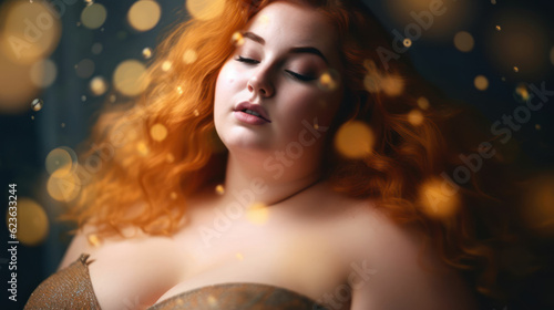 Beautiful fat young woman on golden bokeh background