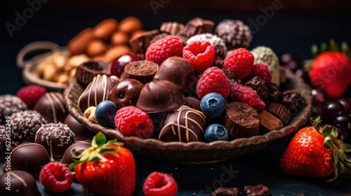 a large assortment of chocolates with nuts and berries. Generative AI