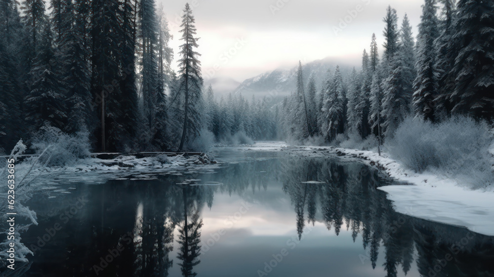 Winter forest reflected in water. Winter forest reflected in water.