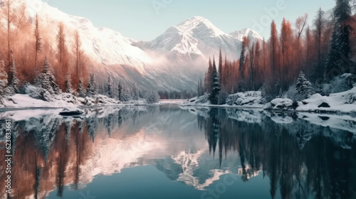 Winter forest reflected in water.