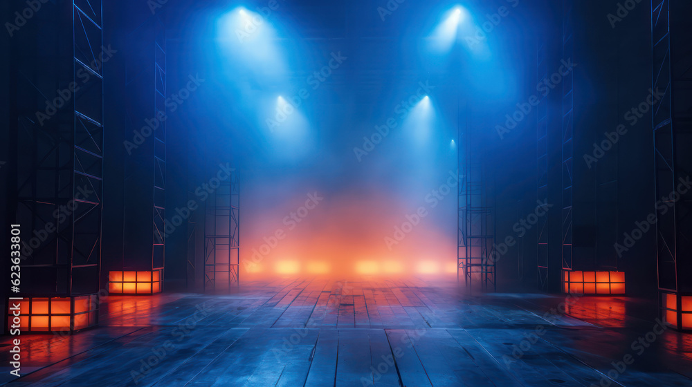 Fototapeta premium A scene with spotlights, blue and red lighting and fog