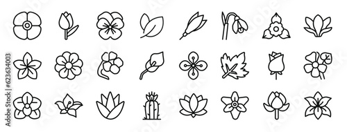 set of 24 outline web flower icons such as poppy, tulip, pansy, leaf, exotic, snowdrop, bougainvillea vector icons for report, presentation, diagram, web design, mobile app
