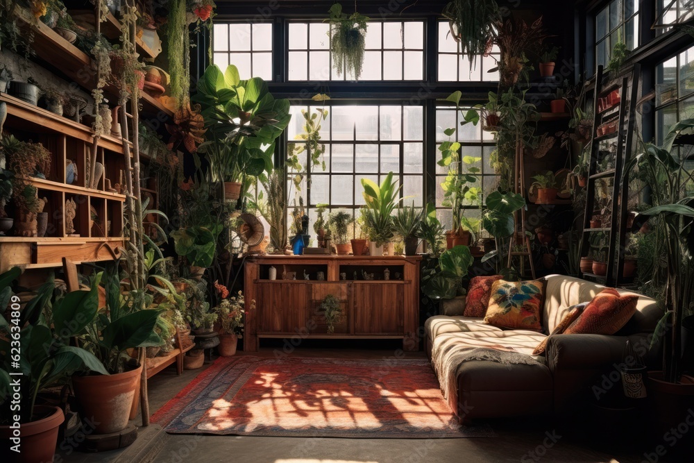 Sunny spacious room with high windows and lush greenery inside. green shelter. Generative AI. Sunny spacious room with high windows and lush greenery inside. green shelter. Generative AI.