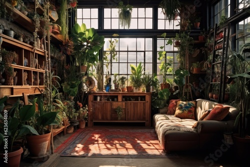 Sunny spacious room with high windows and lush greenery inside. green shelter. Generative AI.  © Margo_Alexa