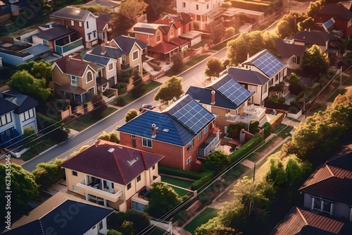 aerial view of solar panel roof in suburban environment
